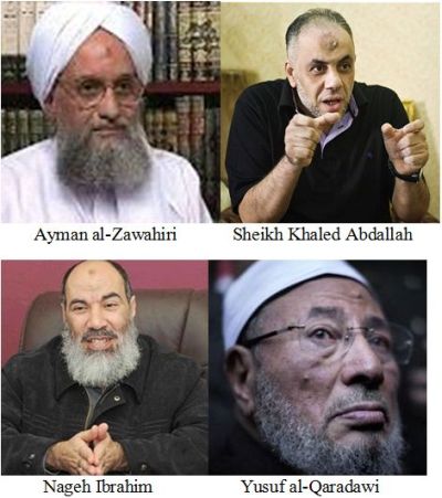 Devout Muslims with Islamic piety marks: Ayman al-Zawahiri, Sheikh Khaled Abdallah, Nageh Ibrahim, Yusuf al-Qaradawi
